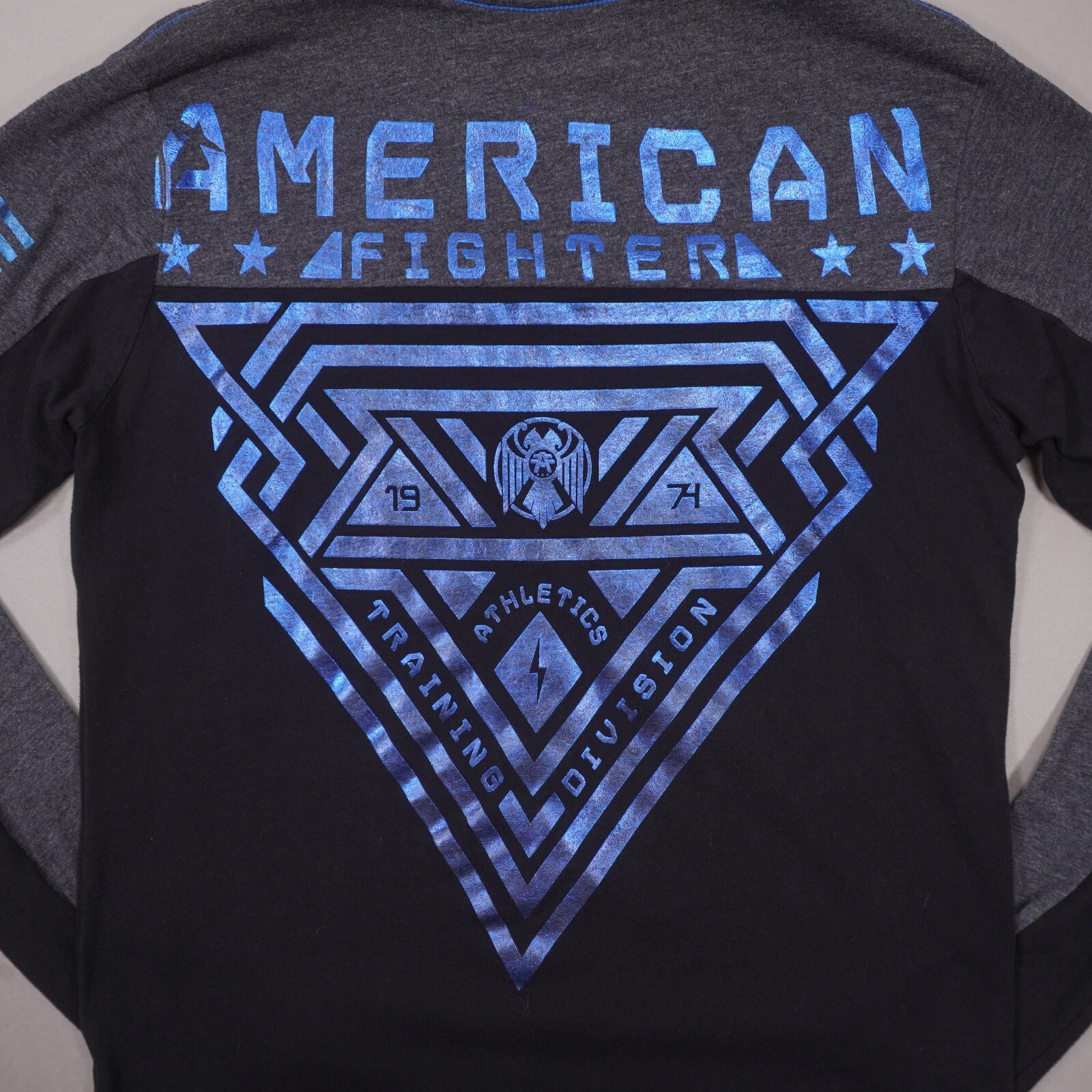 American Fighter Shiny Blue Graphic Long Sleeve T Shirt Mens Small Gray Black gallery