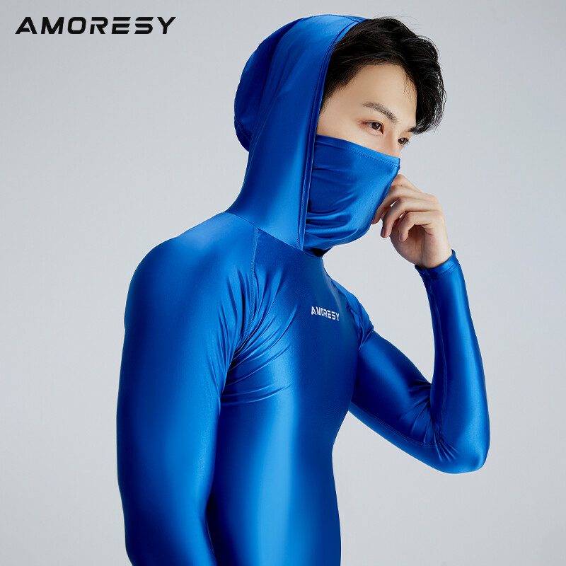 AMORESY Men Glossy Hooded Sunscreen T-shirt High Neck Long Sleeve Running Shirts gallery