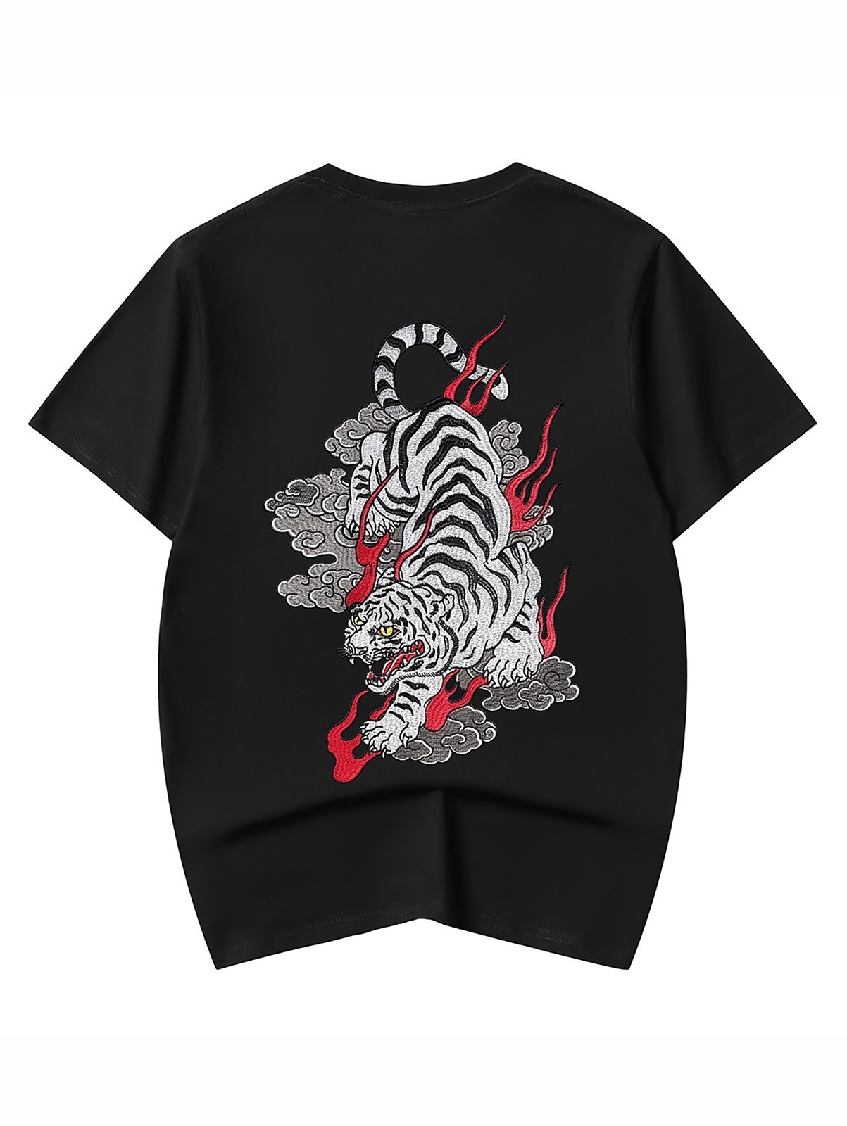Niepce Men’s Vibrant Red Flame White Tiger Embroidery Japanese Streetwear Tee