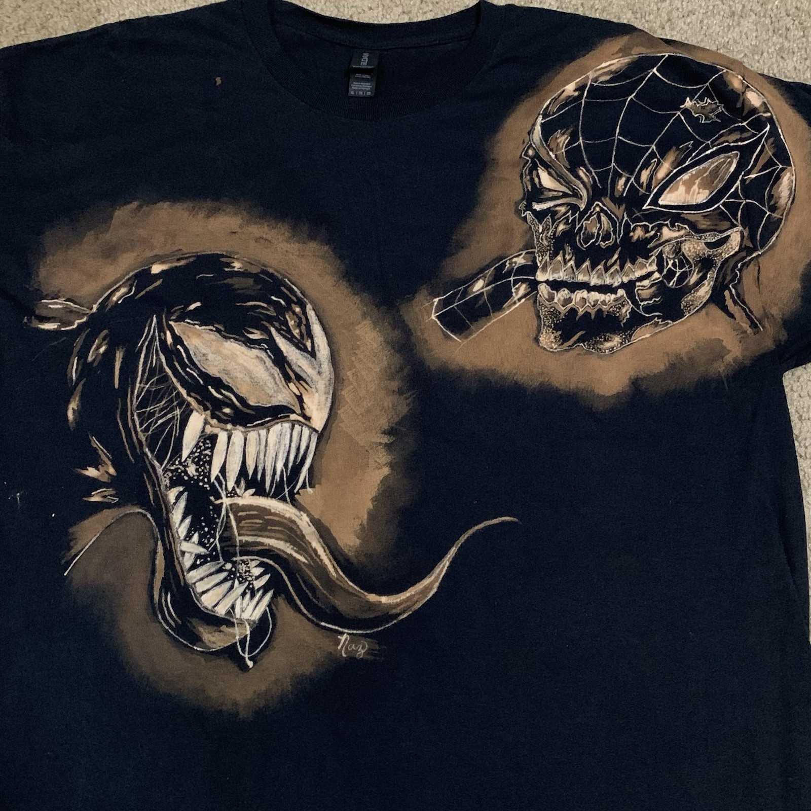 1/1 XL Spider Man Venom Custom Hand Drawn Bleach Art Black Short Sleeve Shirt gallery