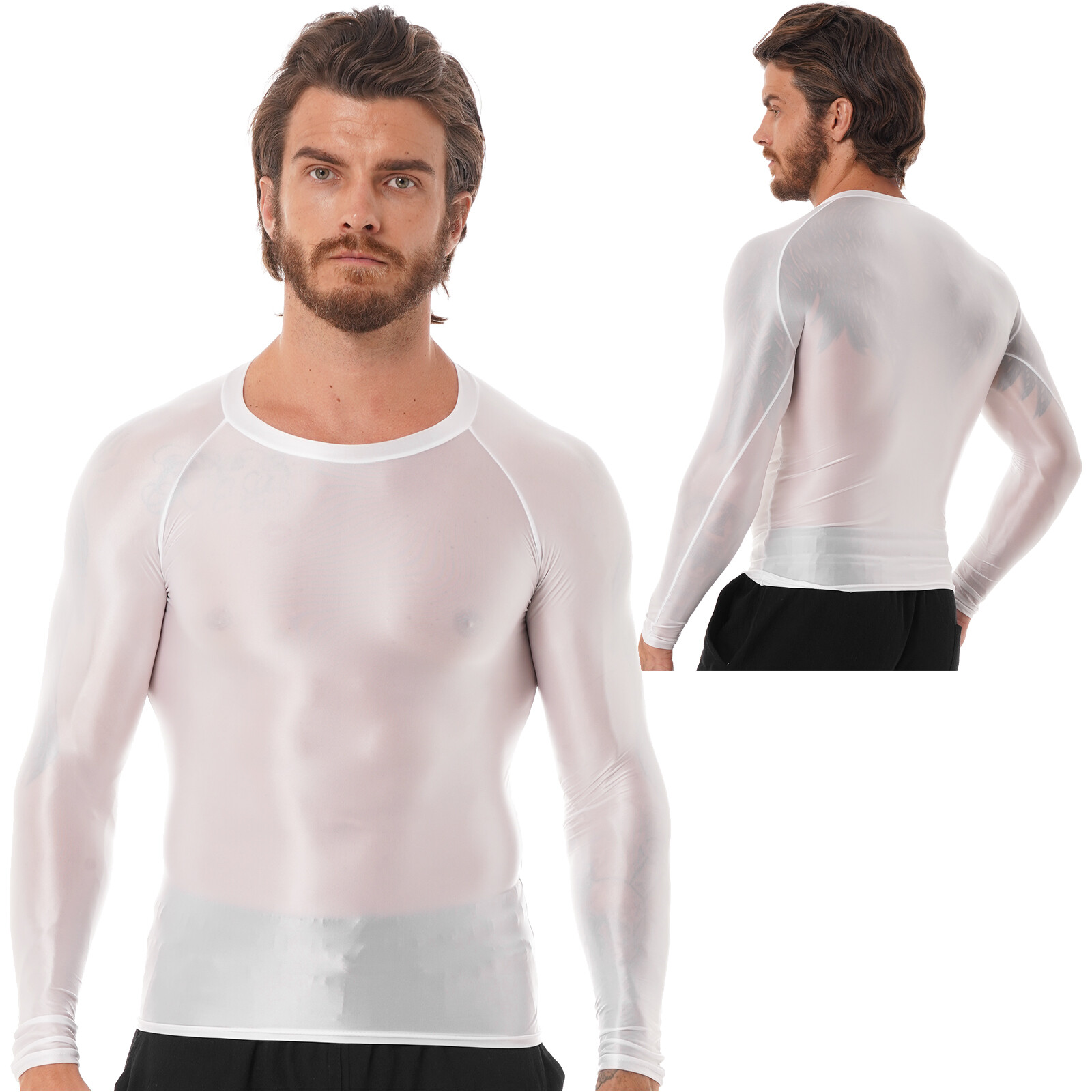 US Men’s Shiny Oil T-Shirt Long Sleeve Round Neck Shirt Fitness Bodybuilding Top