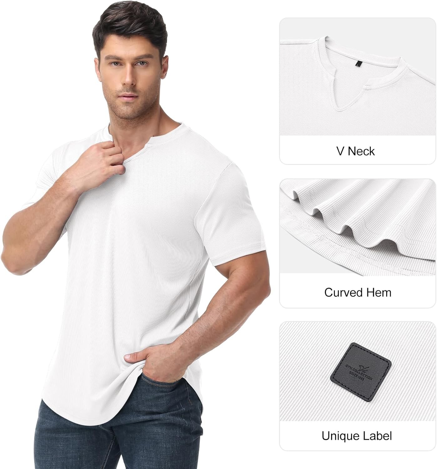 Muscle Fit V Neck T Shirt Men Casual Ribbed Short Sleeve Longline Henley S gallery