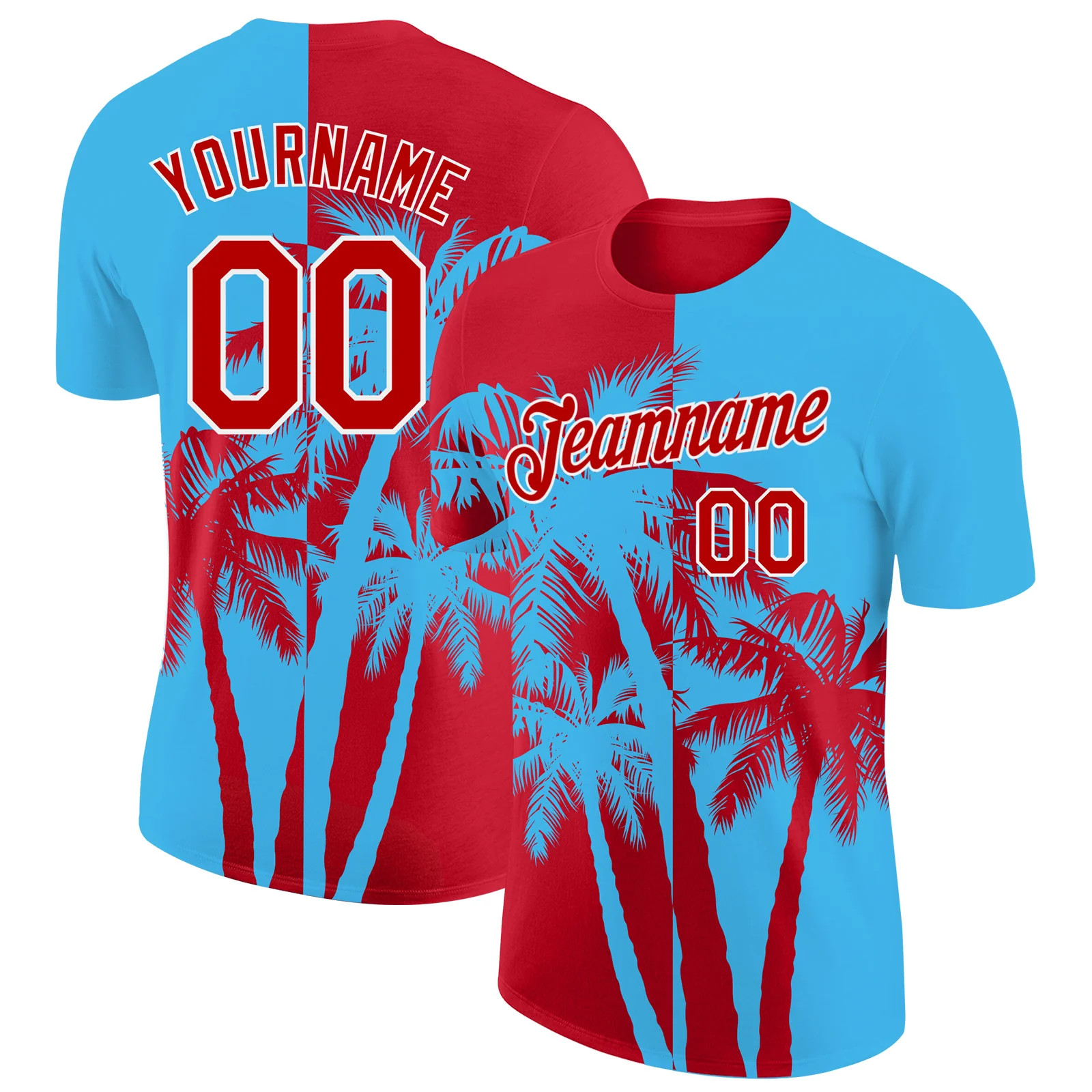 Custom Sky Blue Red White Hawaii Palm Tree T-Shirt Tropical Summer Beach Mens