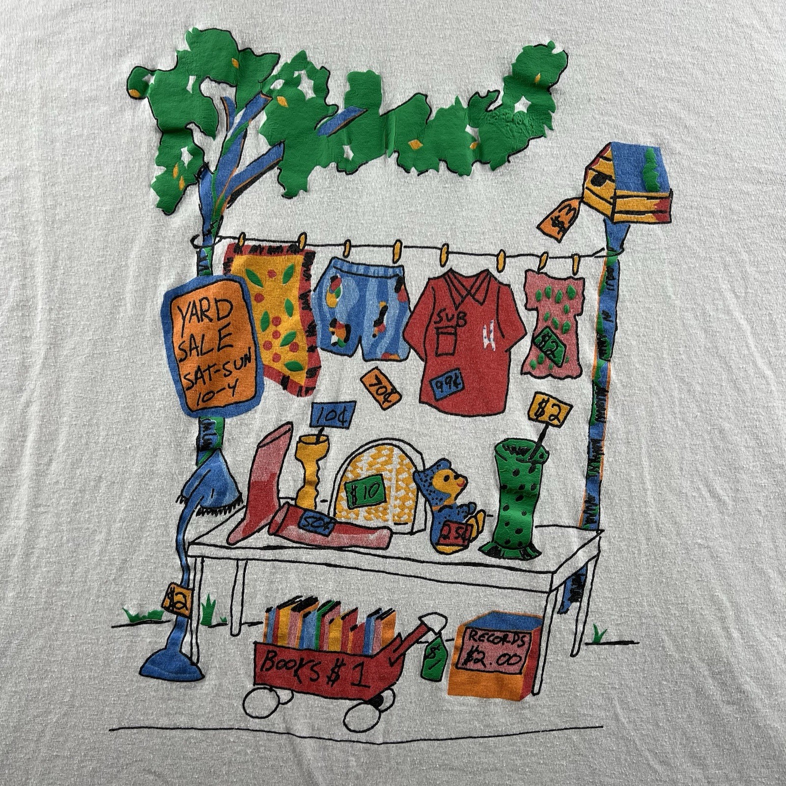 Vintage Yard Sale Shirt Mens OSFA White Single Stitch Puff Print Cartoon 90s USA gallery
