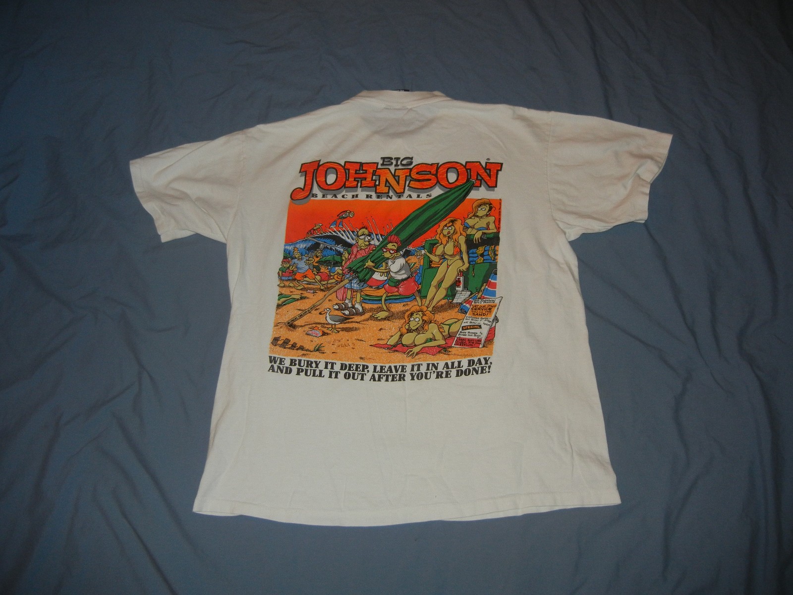 VTG Big JOHNSON t-shirt Beach Rentals LG white humor sex gallery