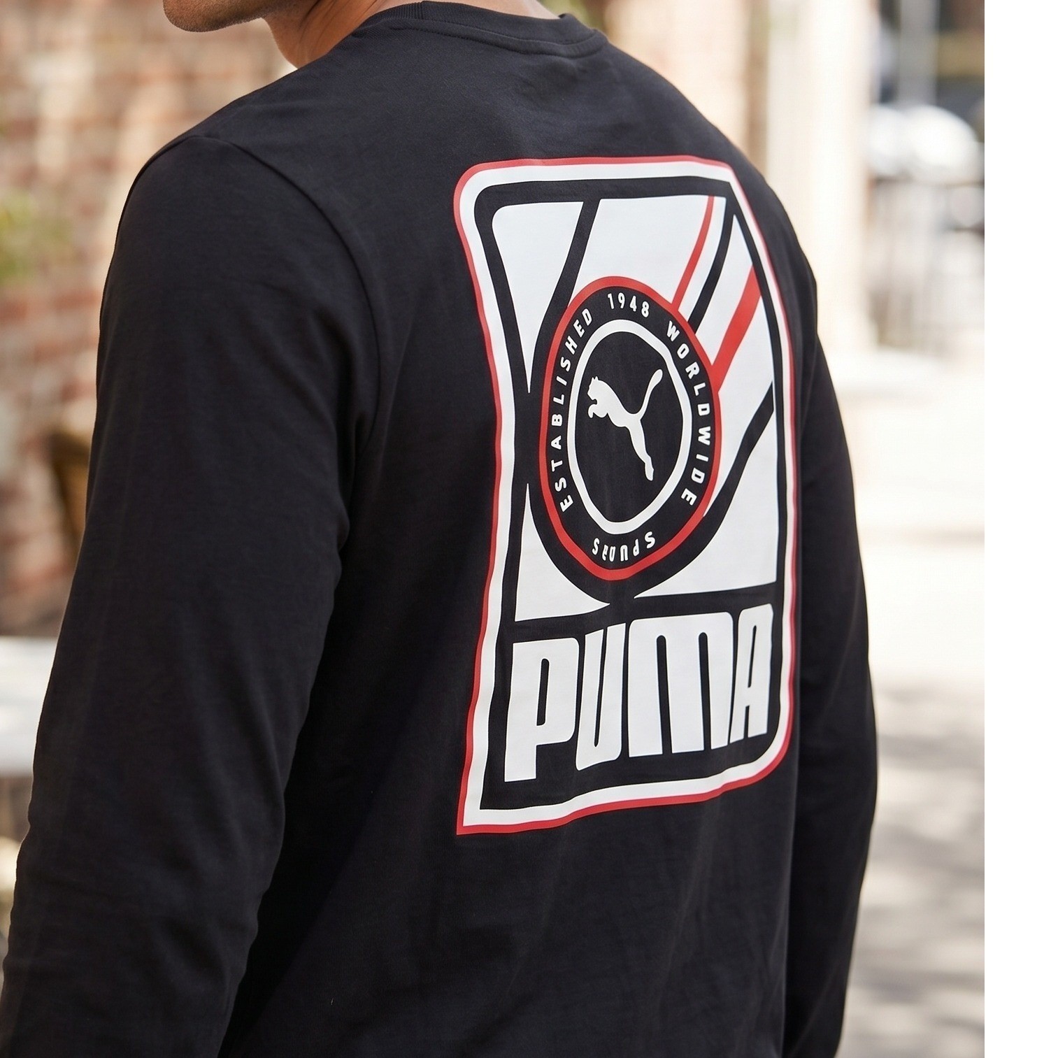 Puma Mens Black Long Sleeve Graphic T-Shirt Established 1948 Crew Neck Logo Tee