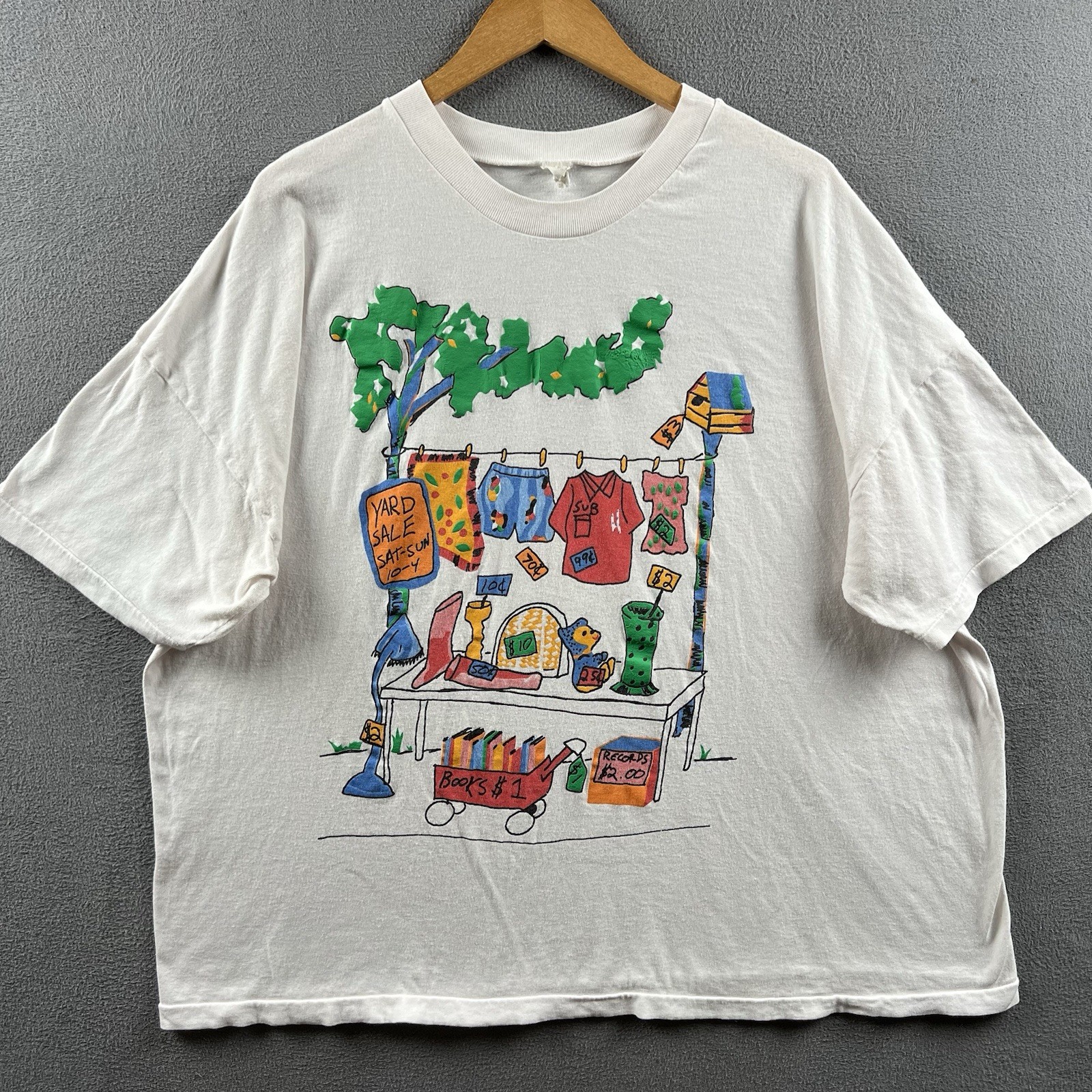 Vintage Yard Sale Shirt Mens OSFA White Single Stitch Puff Print Cartoon 90s USA