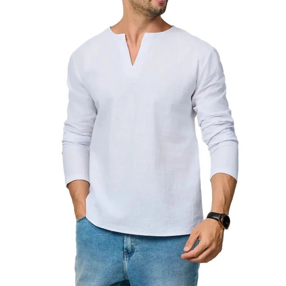 Men's Cotton Linen V Neck Shirt Long Sleeve Casual Lightweight Tee gallery