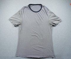 Lululemon Shirt Mens Large Gray Short Sleeve Blue Strips Stretch Casual Adult