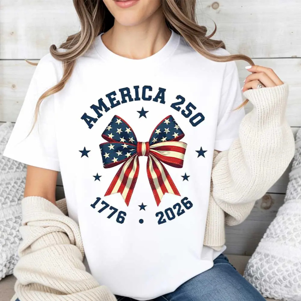 America 250 Stars And Stripes Bow Print T Shirt White Crew Neck Casual Top gallery