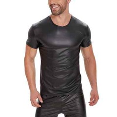 Men Soft Matte Leather T-Shirt Stretch Shiny Leather Vest Gym Crew Neck