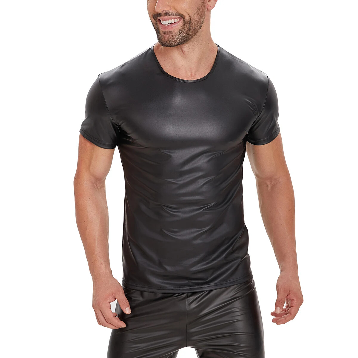 Men Soft Matte Leather T-Shirt Stretch Shiny Leather Vest Gym Crew Neck gallery