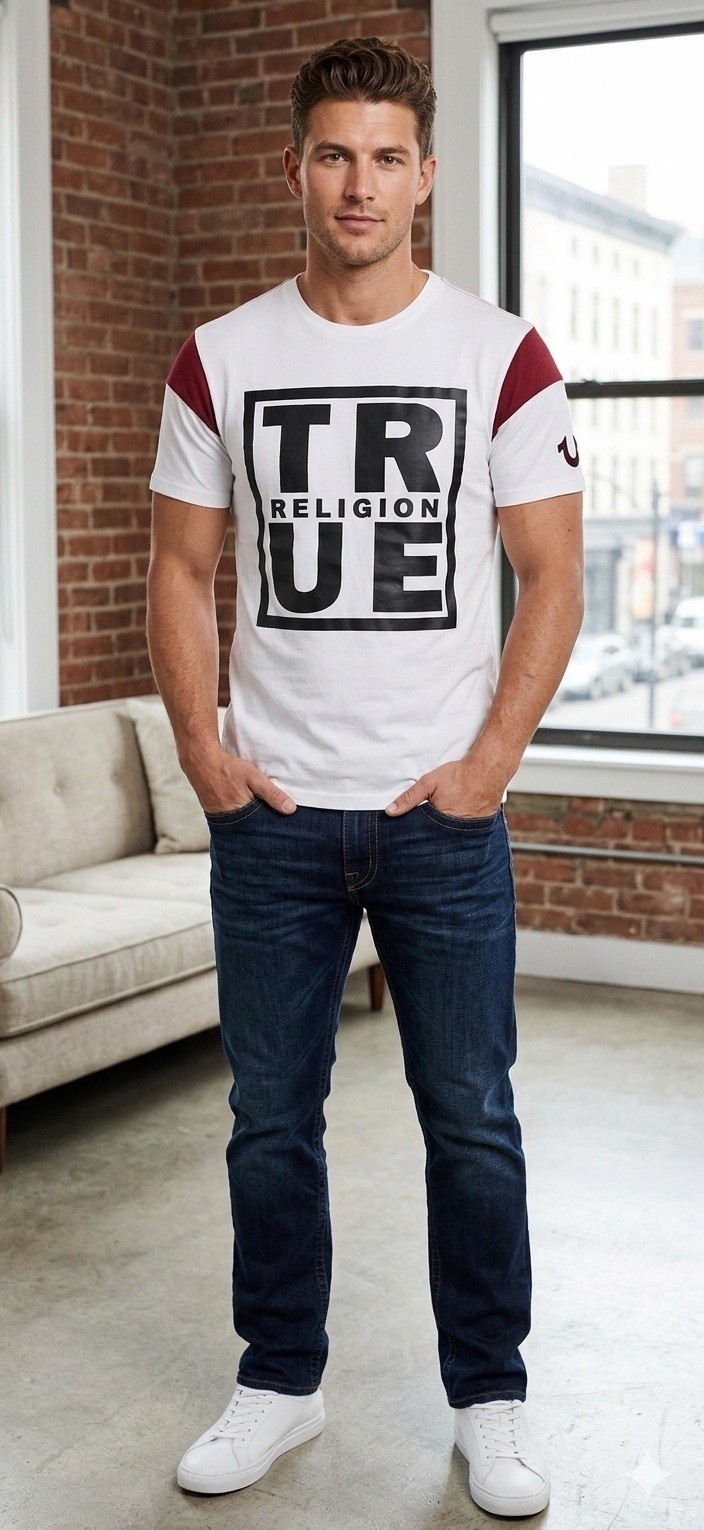 $79 TRUE RELIGION White SQUARE FOOTBALL Short Sleeve Designer Graphic T-shirt gallery
