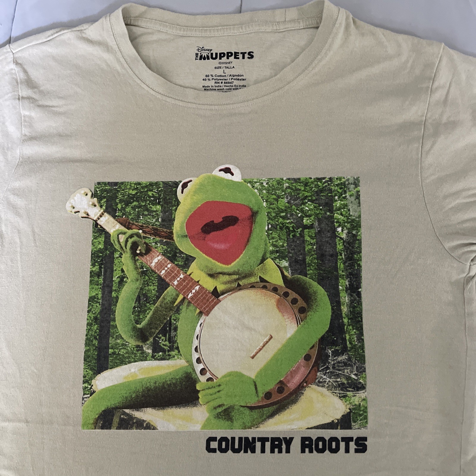 Disney Muppets Kermit the Frog Country Roots Graphic T-Shirt Tan Unisex Adult L