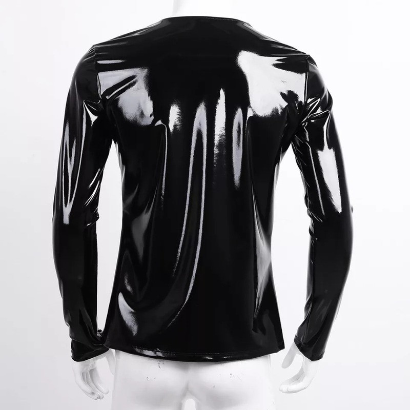 Men Faux Patent Leather Top Shirts Blouse Slim Pvc Shiny Wet Look T-Shirts gallery