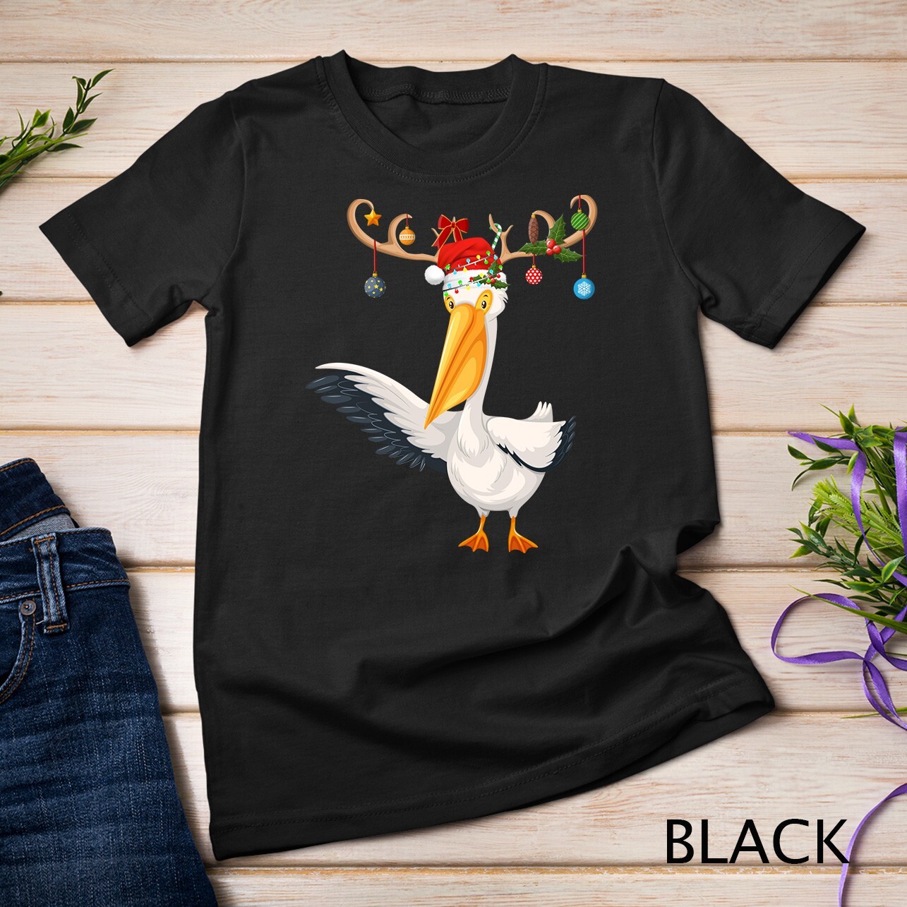 Pelican Bird Xmas Gift Reindeer Santa Hat Pelican Christmas Unisex T-shirt