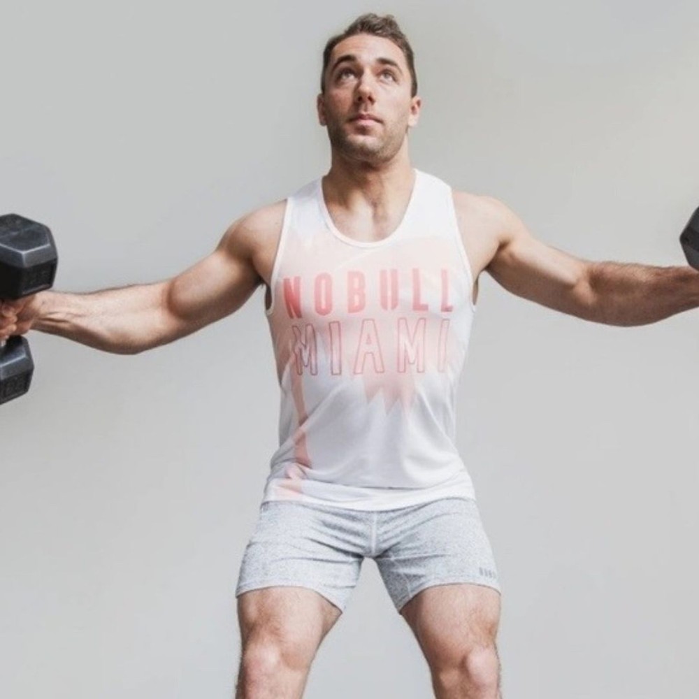 NoBull Men’s White Pink Palm Tree Miami Graphic Tank Top Athletic CrossFit Small