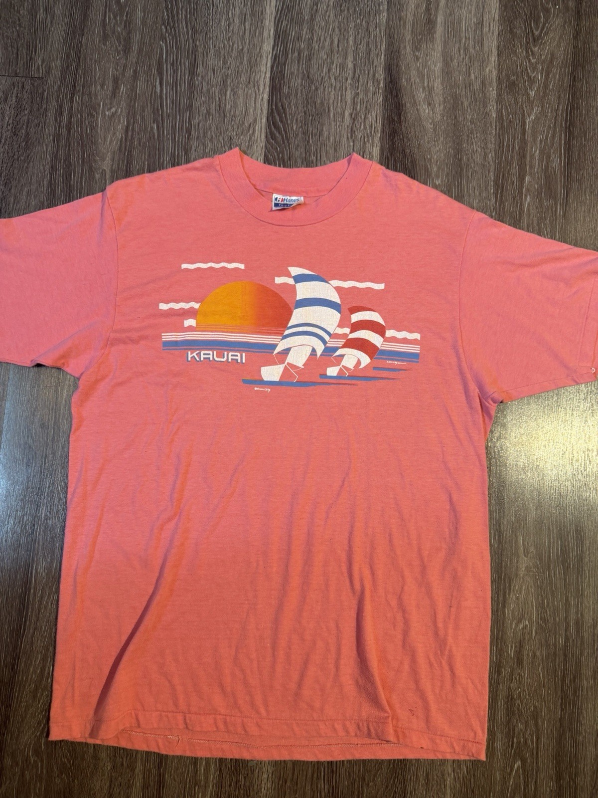 Hanes Fifty-Fifty Mens XL Pink Kauai Sailboat Graphic Crew Neck Short Sleeve Tee