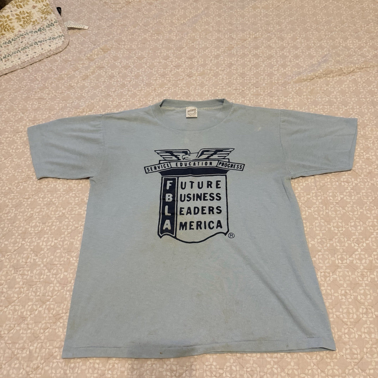 Vintage 70’s Sportswear FBLA Logo Blue Paper Thin Tee Shirt Size Medium gallery