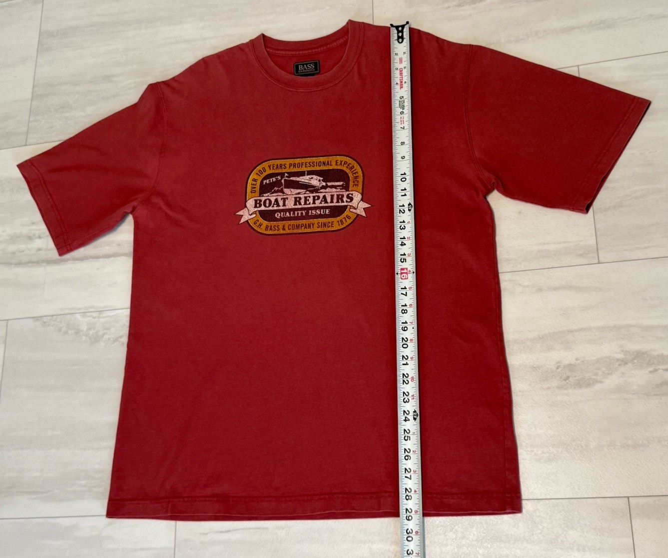 Vintage 90s Single Stitch GH Bass Boat Repairs Graphic Red T-Shirt Size M gallery