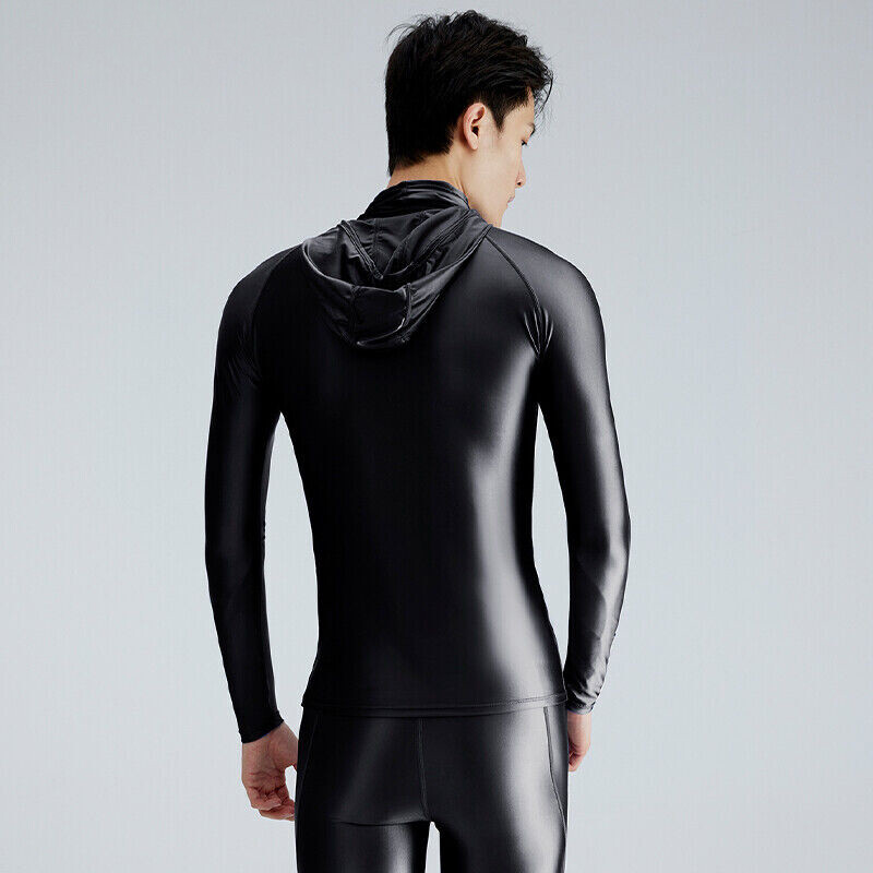 AMORESY Men Glossy Hooded T-shirt Sunscreen High Neck Long Sleeve Running Shirts gallery