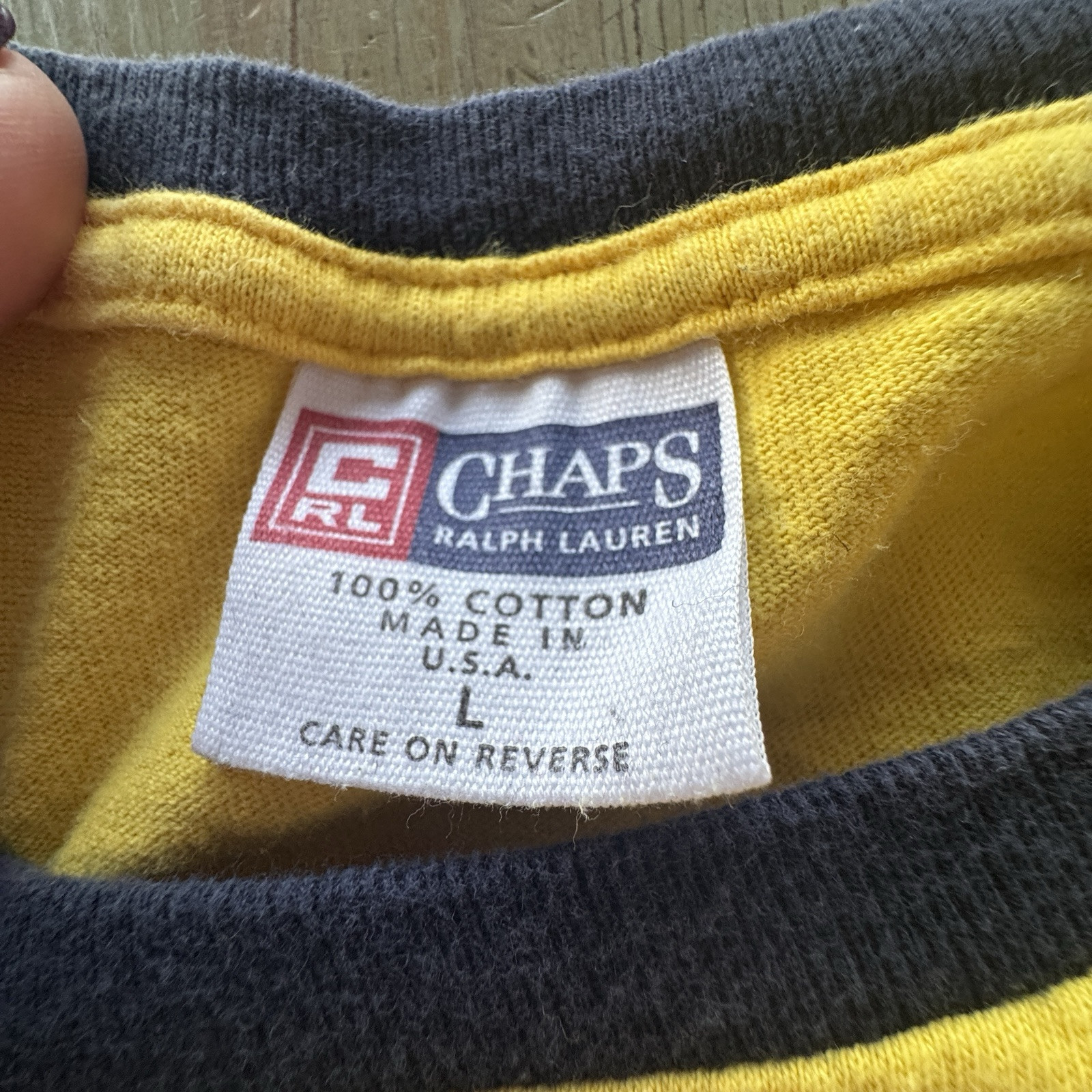 Vintage Chaps Ralph Lauren Spellout L Yellow Blue Ringer Tee Long Sleeve USA gallery