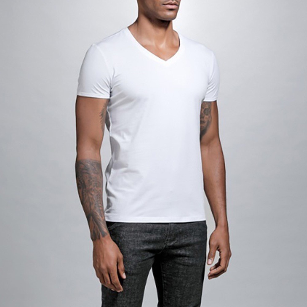 Men Solid Color V Neck Tight Fit T Shirt Short Sleeve Polyester Base Layer Top gallery