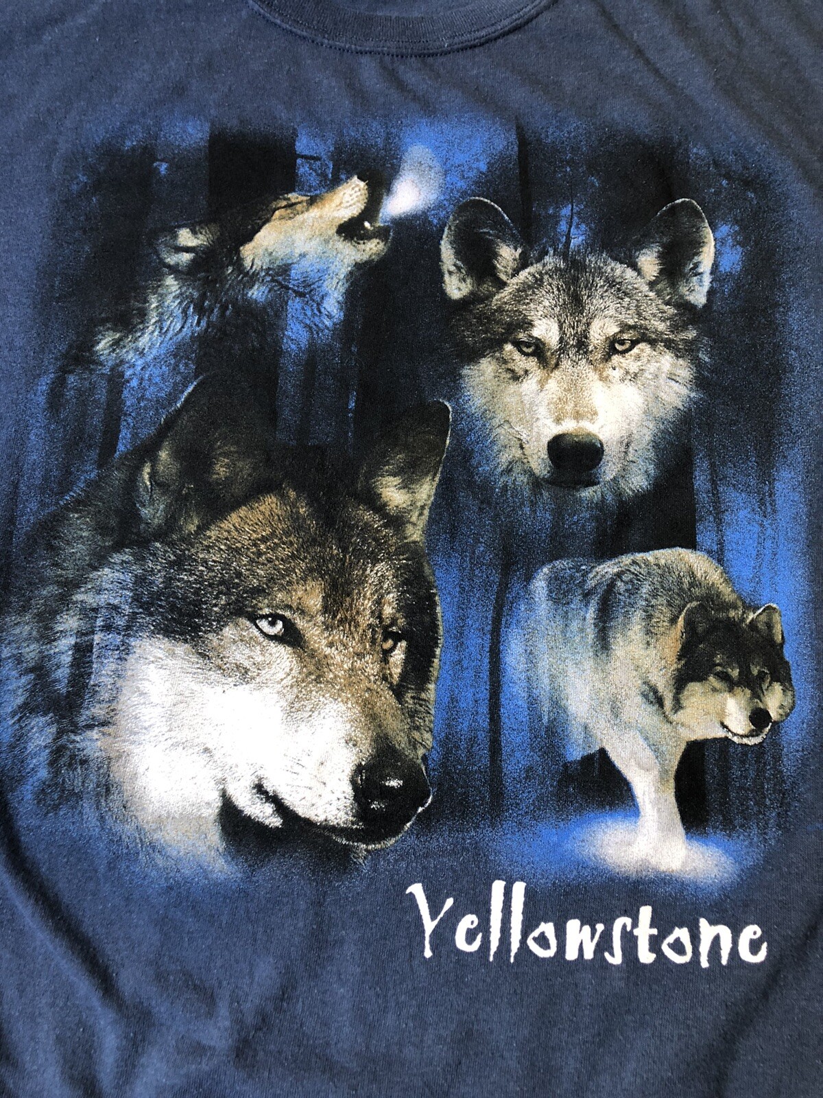 Vintage '90s Wolf T-shirt Yellowstone Eco Mountain Blue Crewneck Large gallery