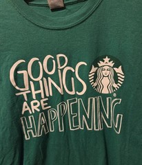 STARBUCKS Good Things Are Happening Employee T-Shirt MEDIUM Earth Day Coffee
