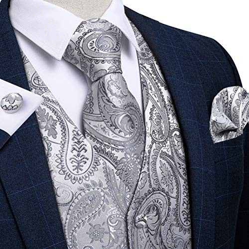 DiBanGu Silver Vest and Tie Sets for Men Suit Vest Paisley Bow Tie and Pocket gallery