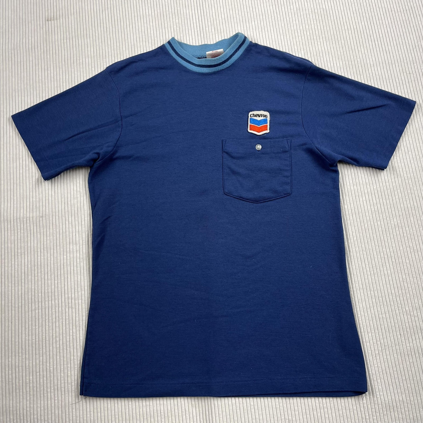Vintage Lion Uniform Shirt Mens M Blue Chevron Patch Pocket Tee Gas Oil Workwear