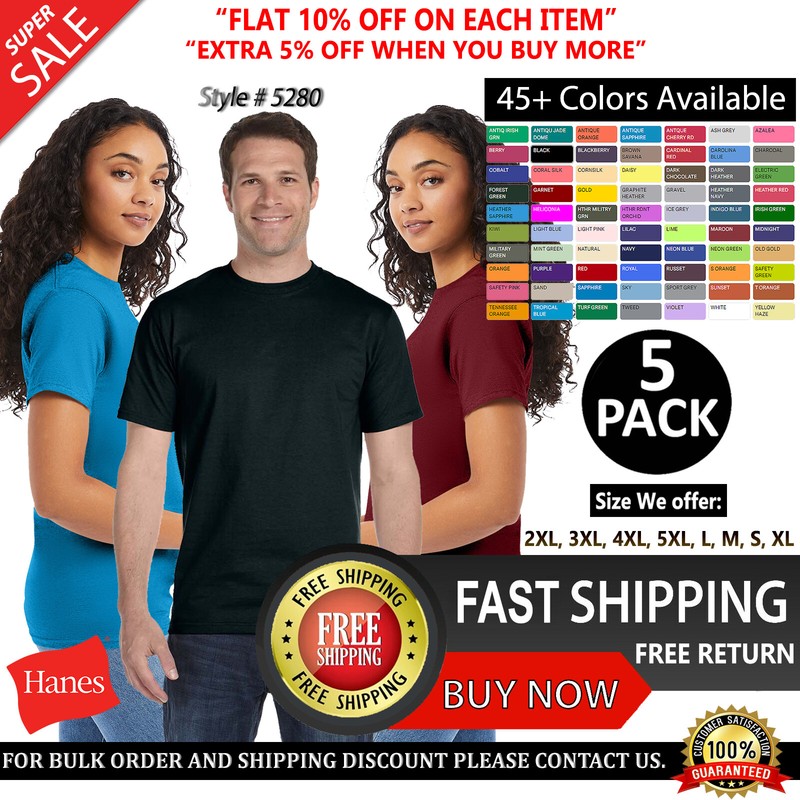 5 PACK OF Hanes Essential 100% Cotton Adult 5.2 oz. Cotton T-Shirt – 5280