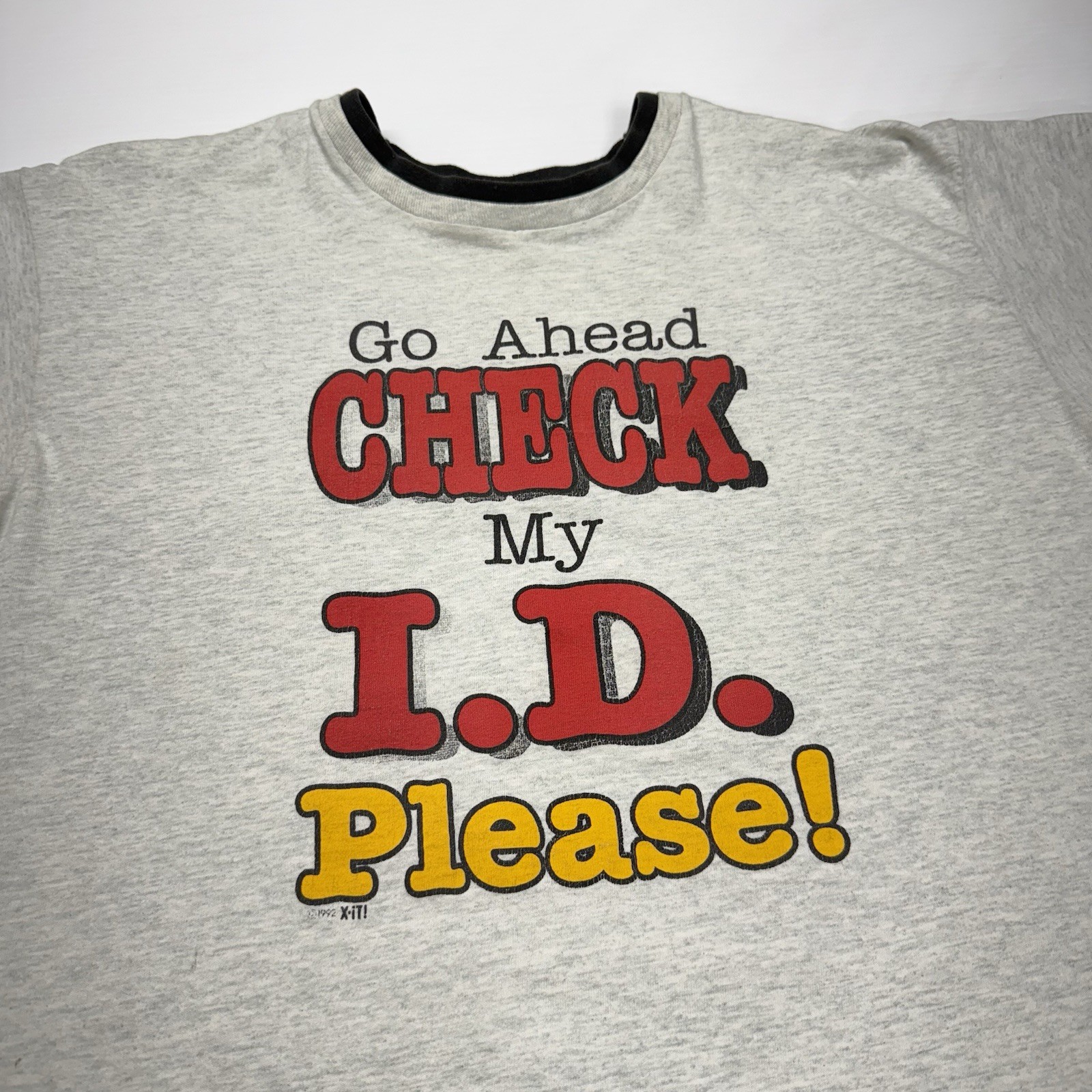 Vtg Funny Mens Shirt L 1992 Check my ID Age Joke Double Neck Gray Graphic USA gallery