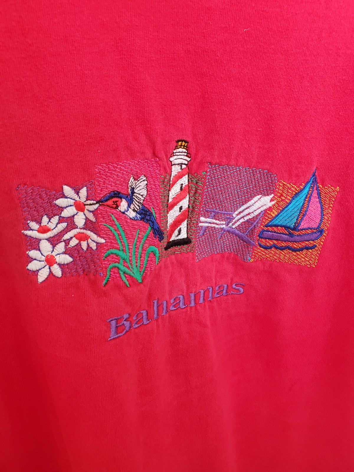 Bahamas Embroidered Graphic T Shirt XL Red Lighthouse Sailboat Vacation gallery