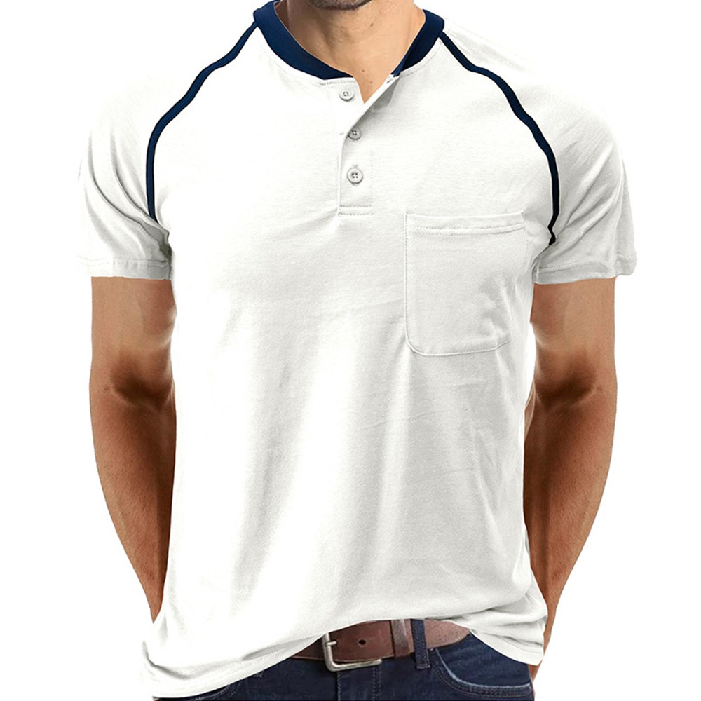 Men's Colorblock Short Sleeve Casual Blouse T-Shirt Button Collar Shirt Tops gallery