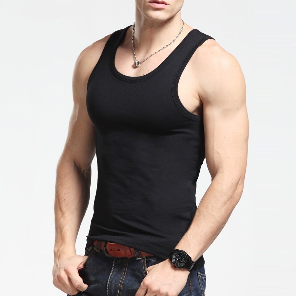 Men Tank Top 100% Cotton Ribbed Black A-Shirt Wife Beater Undershirts Size:S-4XL