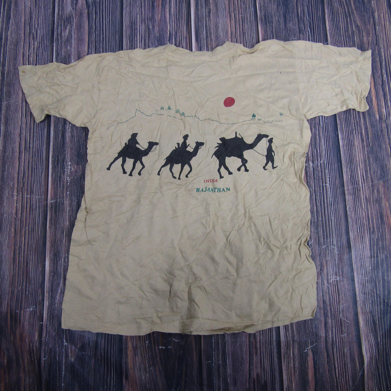 Vintage India Rajasthan Shirt Mens 2XL Tan Camel Desert Graphic Tourist Tee 90s gallery