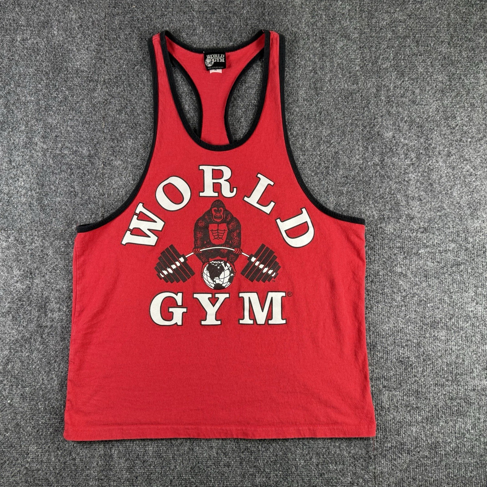 VINTAGE World Gym Shirt Mens Medium Red Tank Top Stringer Lifting Workout 90s gallery