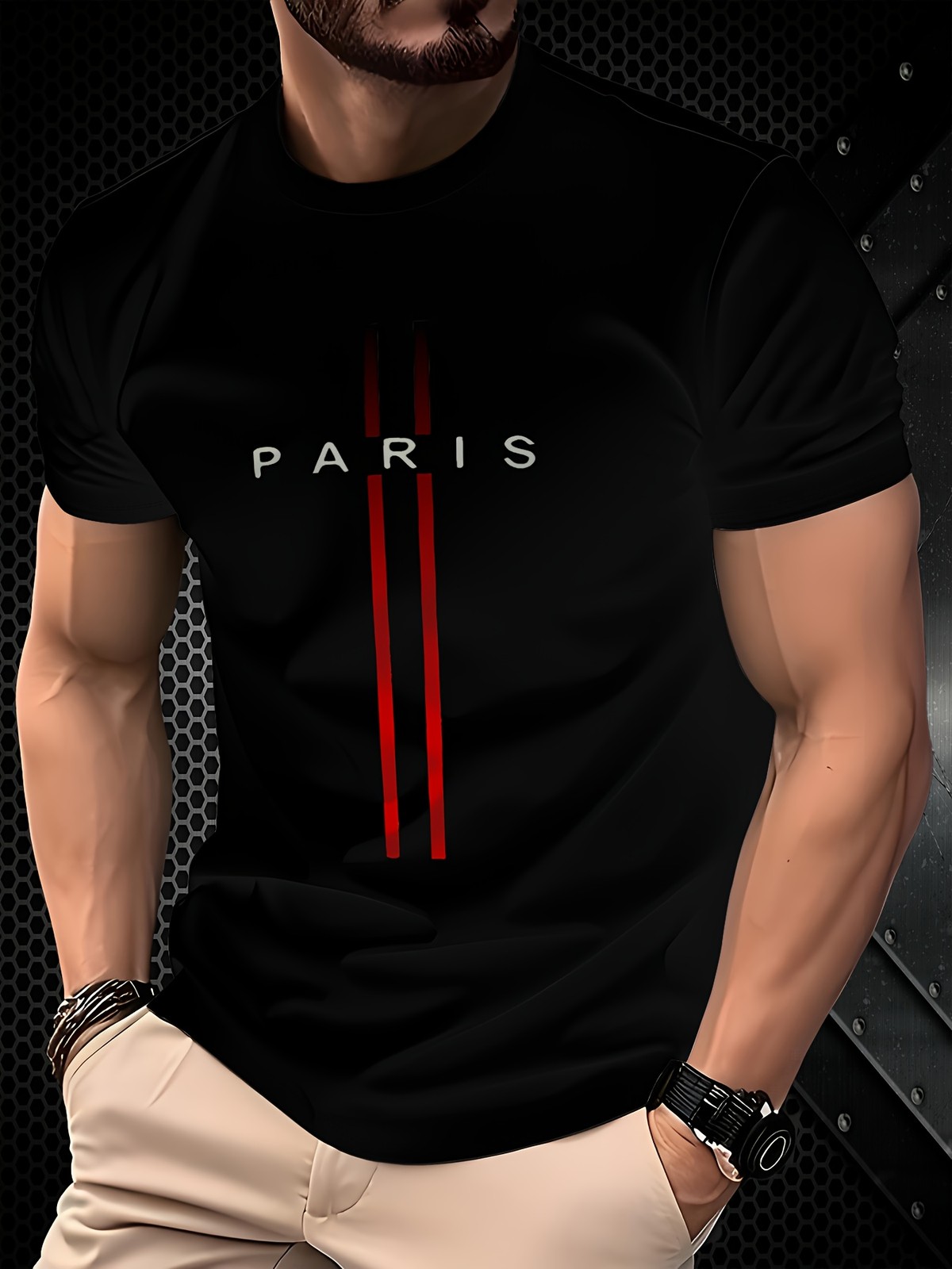Paris Stripe Graphic T-Shirt Men's Crew Neck Casual Streetwear Tee Top gallery