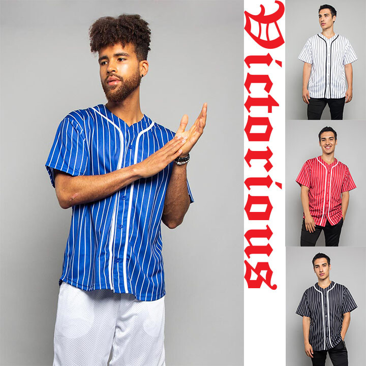 Men's Hipster Team Uniform Pin Striped Baseball Jersey Short Sleeve Shirt BJ44 gallery