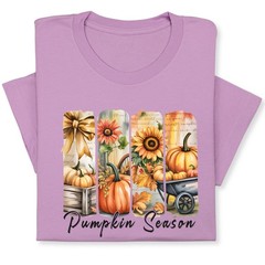 Pumpkin Season Print Shirt, Fall Tee with Sunflowers & Cart