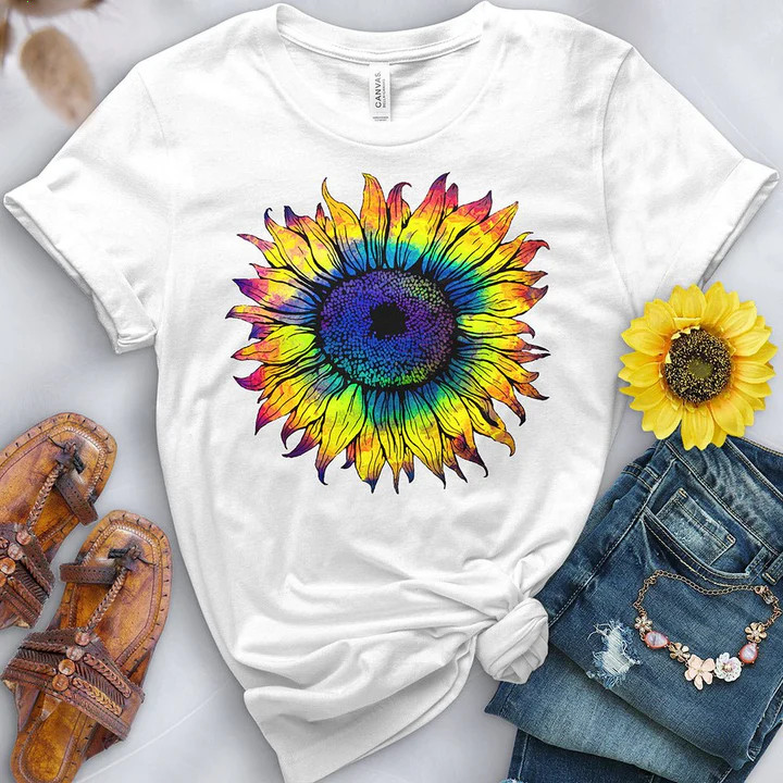Rainbow Sunflower Tee Retro Groovy 70s Positive Vibes Graphic Shirt Size