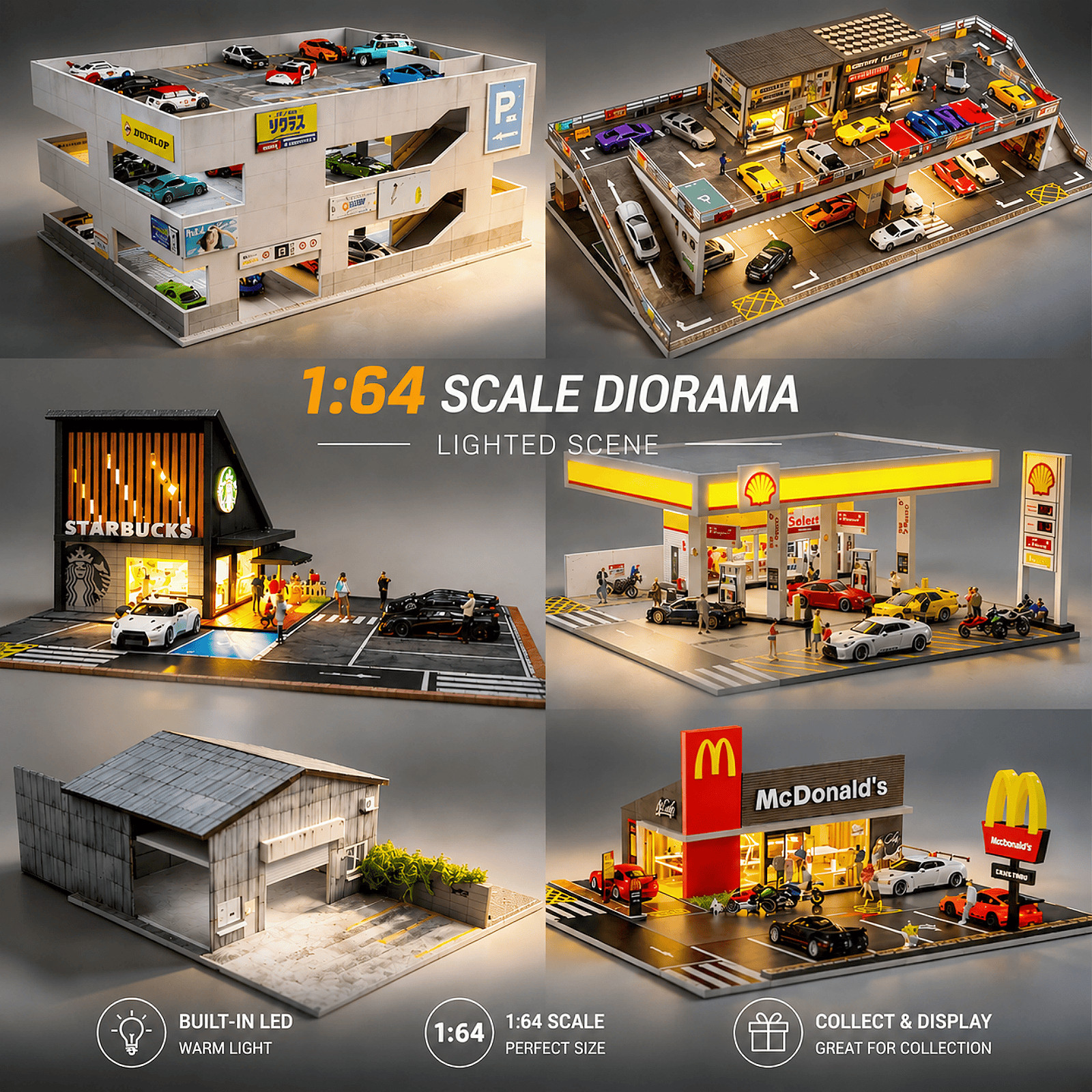 1/64 Diorama Diecast Garage Model LED Lighting Parking Lot Display Case Scene US