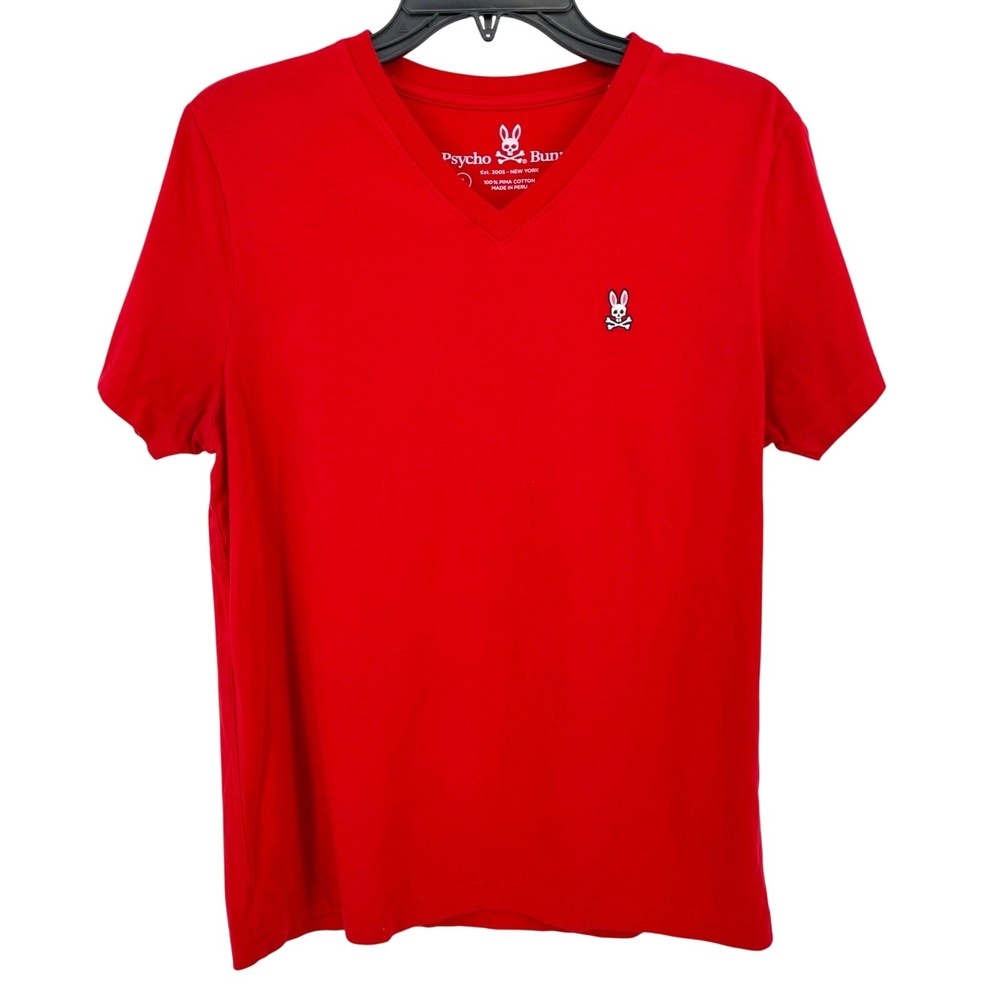 Psycho Bunny Embroidered Logo V Neck T Shirt Mens Size 3 XS Solid Red