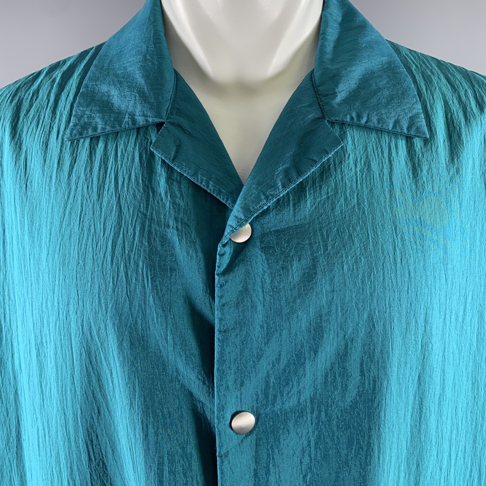 JIL SANDER Size XL Teal Polyamide Silk Camp Short Sleeve Shirt gallery