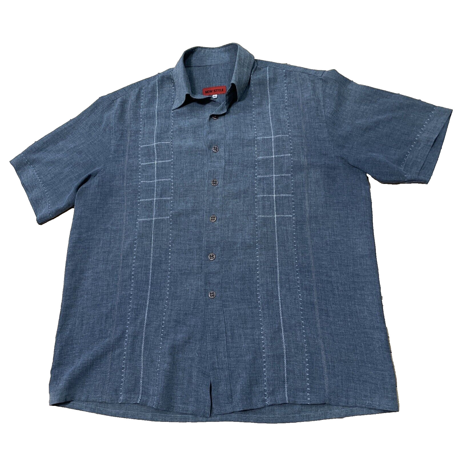NEW STYLE Guayabera Shirt Men XL Gray Stitch Striped Cubano Beach Resort XL 50″