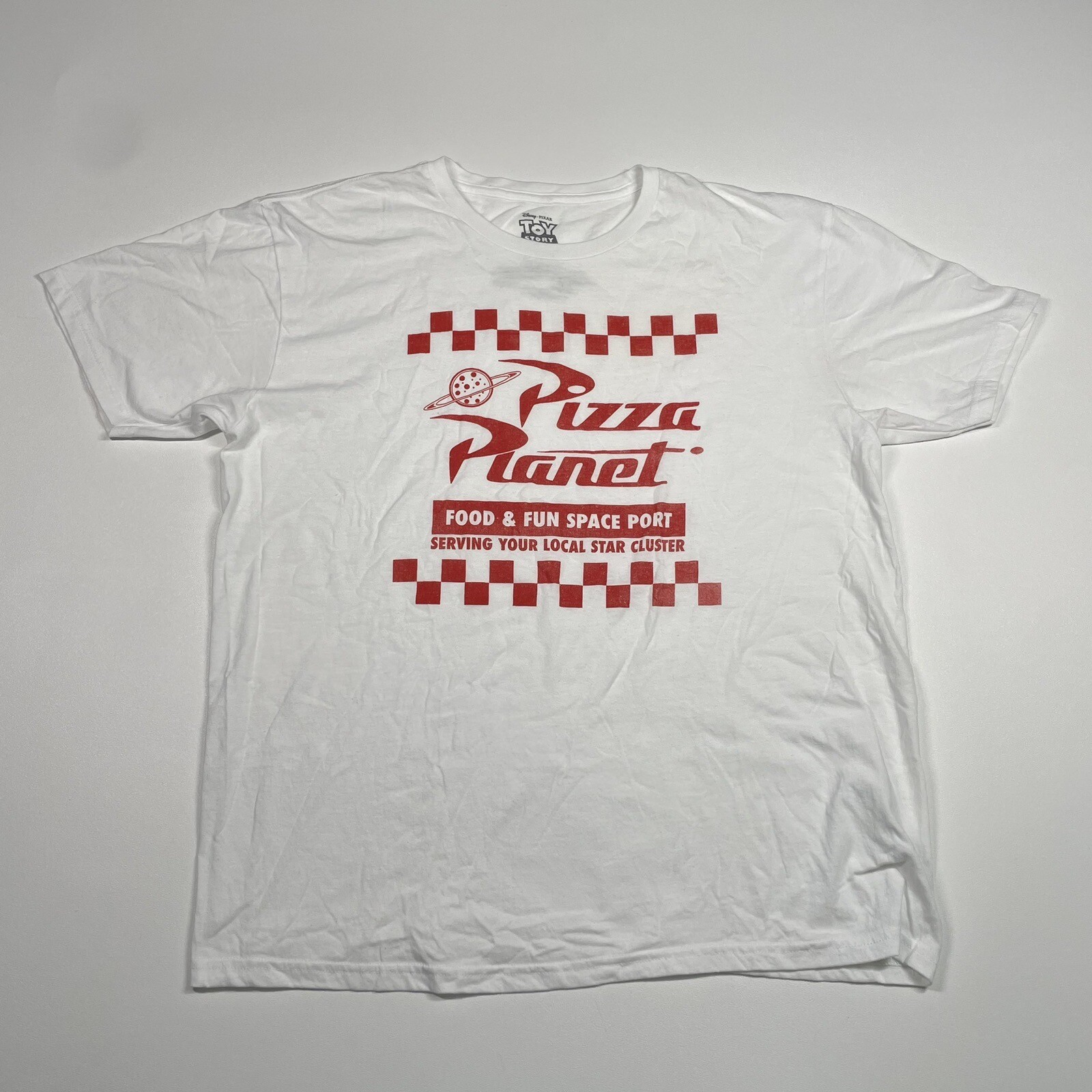 Toy Story Pizza Planet Shirt Men’s XL White Short Sleeve Graphic Tee Food & Fun