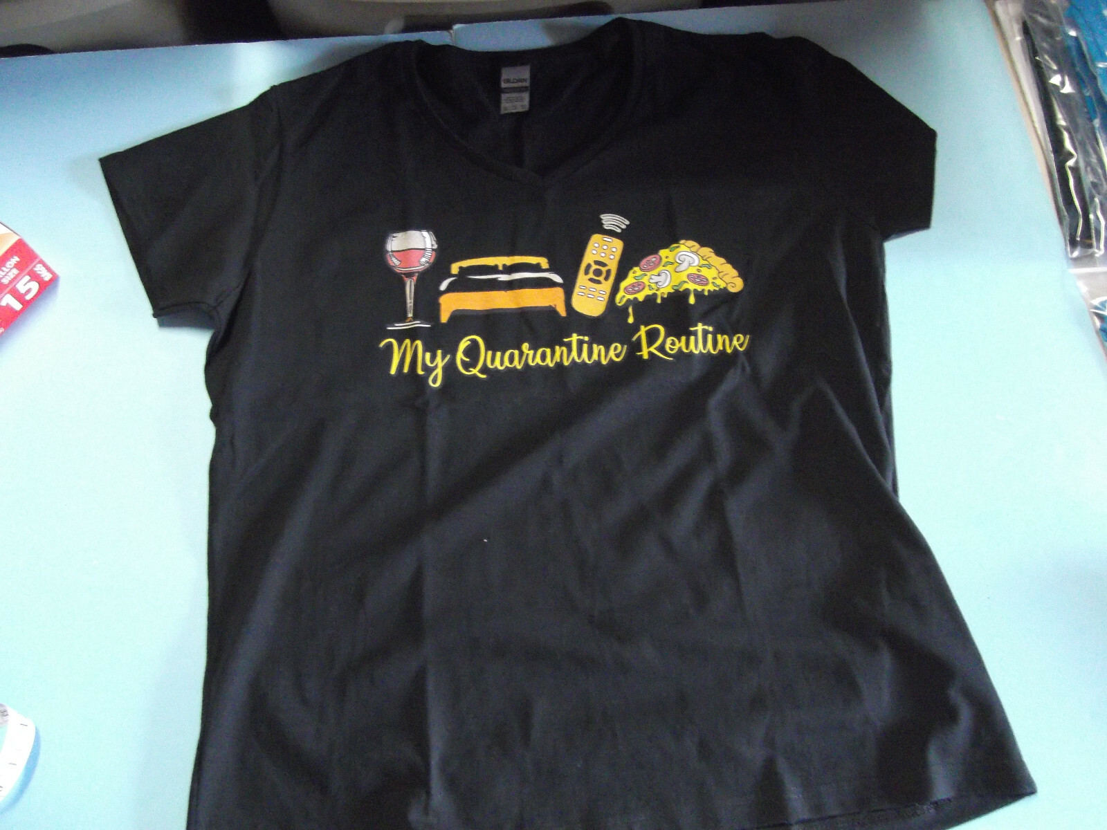 My Quarantine Routine V Neck Short Sleeve Graphic Tee Ladies XL Large gallery