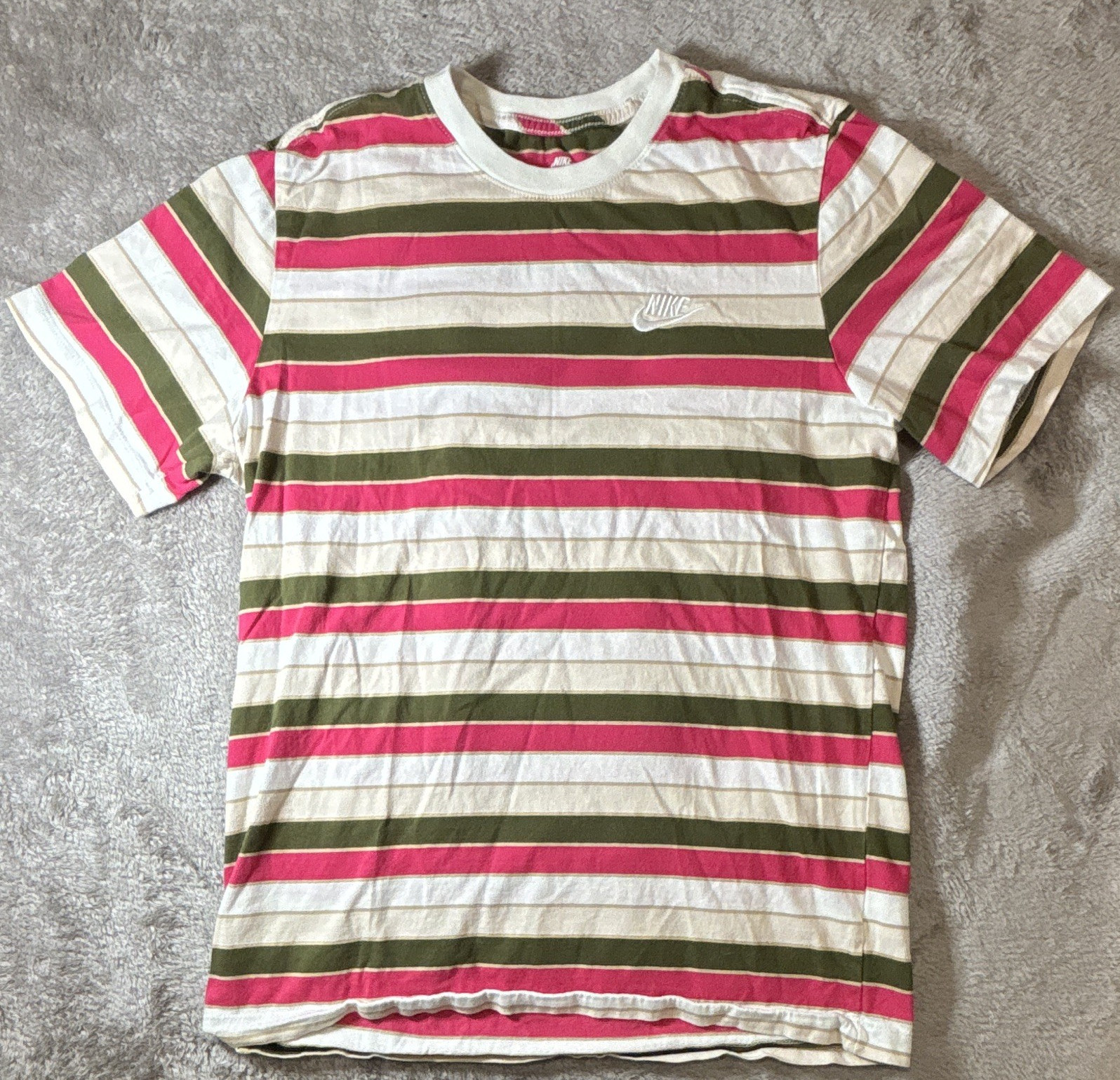 Nike The Nike Tee Men’s White/Green/Pink Striped Logo Crew Neck T-Shirt SS M