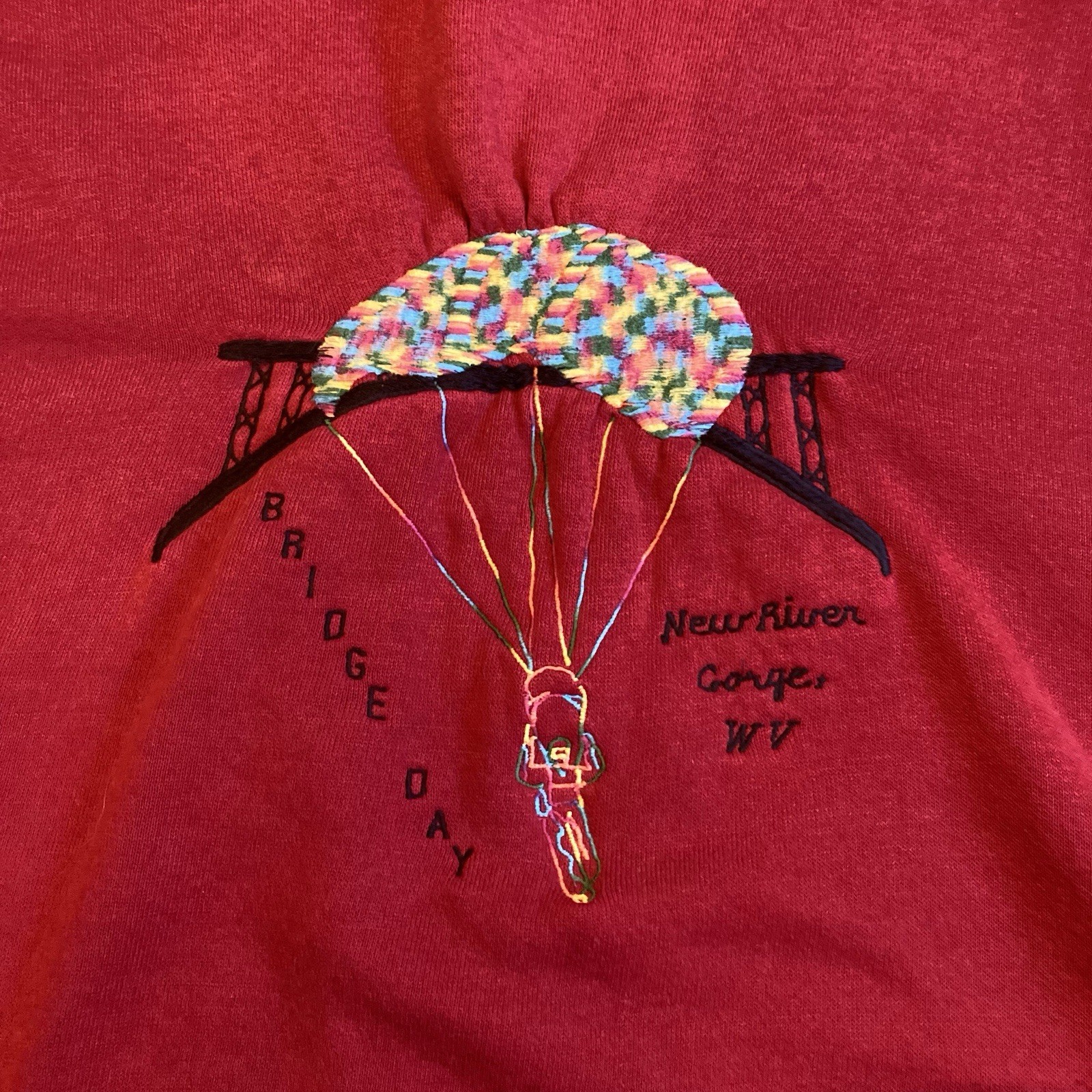 Jerzee Vintage 90’s Red Embroidered Bridge Day Oversized Graphic Crew Neck, 2 XL gallery